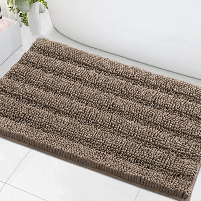 H.VERSAILTEX Bath Mats for Bathroom Non Slip Extra Thick Chenille Striped Bath Rug 24" x 36" Absorbent Non Skid Fluffy Soft Shaggy Rugs Washable Plush Mats for Indoor, Bath Room, Tub - Taupe Brown