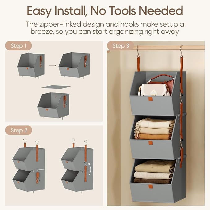 Homsorout Collapsible Hanging Closet Organizer - 3 Tier Closet Shelves Storage System with Hooks, Fabric Hanging Storage Bins for Clothes, Foldable Storage Basket for Laundry, Bedroom, Rv, Grey