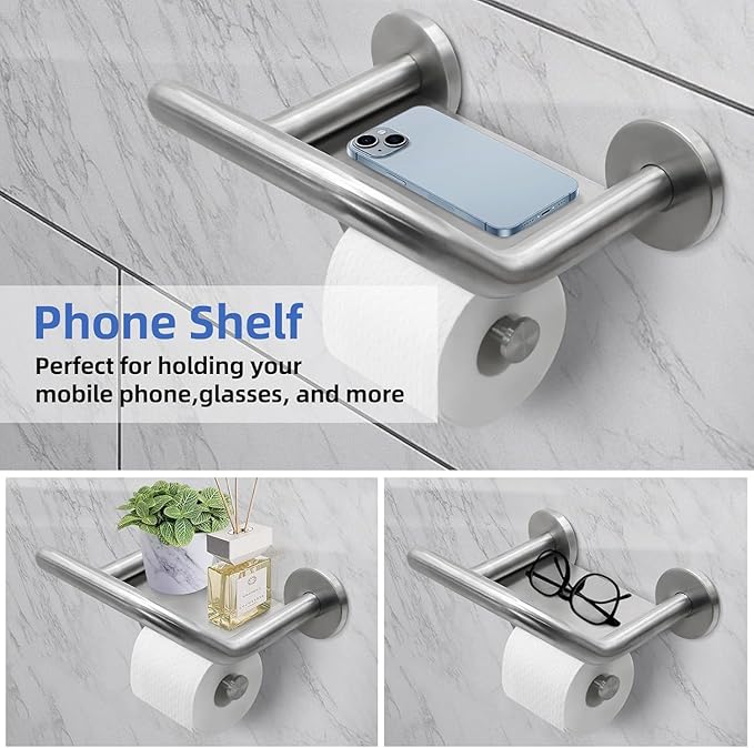 Grab Bar Toilet Paper Holder Combo, 3-in-1 Bathroom Grab Bar with Paper Holder and Phone Shelf, 304 Stainless Steel Safety Bars, Toilet Paper Assist Bars, Toilet Grab Bar for Seniors, Wall Mount