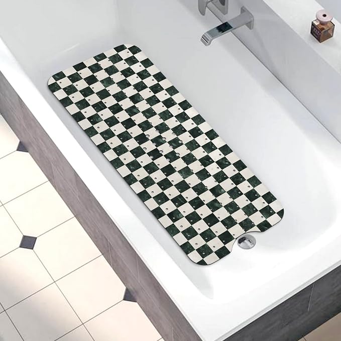 Bathtub Mat Non Slip, Checkered Extra Long Bath tub Mat Shower Floor Mat with Suction Cups and Drain Holes for Adults Kids Elderly 40 X 16 Inch