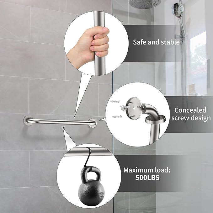 16 Inch Shower Grab Bar Satin Brushed Nickel, ZUEXT Stainless Steel Safety Grab Bar Handle, Bathroom Balance Bar, Safety Hand Rail Support - Handicap, Elderly, Injury, Senior Assist Bath Handle
