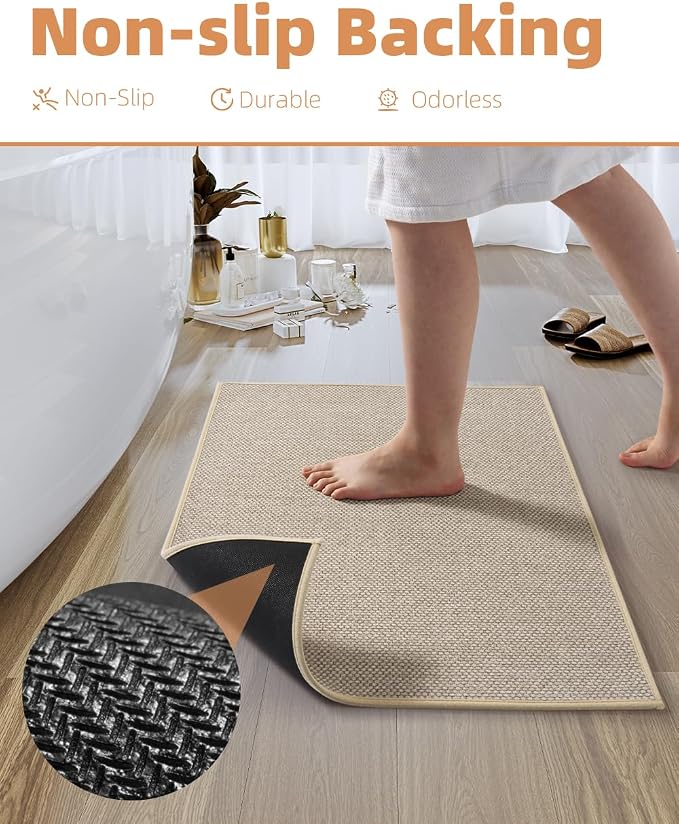 PADOOR Non-Slip Bath-Mats, Rubber-Backing Braided Absorbent Bathroom Mat Machine Washable Thin Bathroom Rugs Fit Under Door Quick Dry Bath Rugs for Floor, 17''x24'' Light Beige