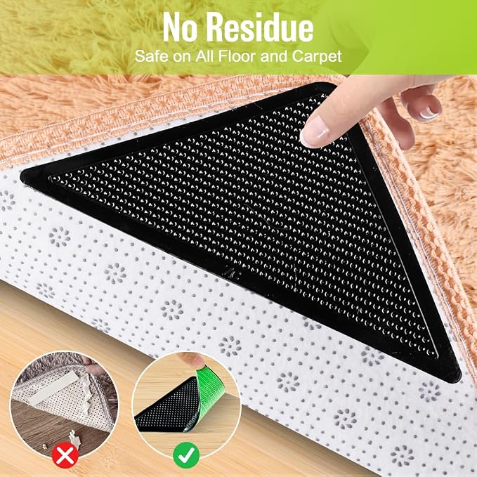 8 Pcs Rug Tape Hardwood Floor No Damage, Reusable Washable Grippers for Rugs, Carpet Tape for Area Rugs, Non Slip Rug Pads Grippers (Black