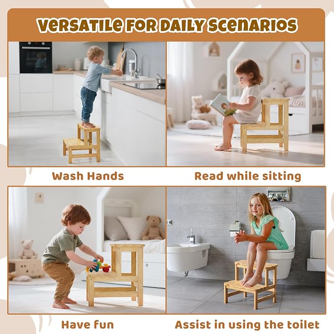 COSYLAND Step Stool for Toddlers - Two Step Stools Toddler 300 lbs Capacity with Safety Non-Slip Design, Natural Step Stool for Bathroom, Kitchen Dual Height Step Stools for Kids Natural