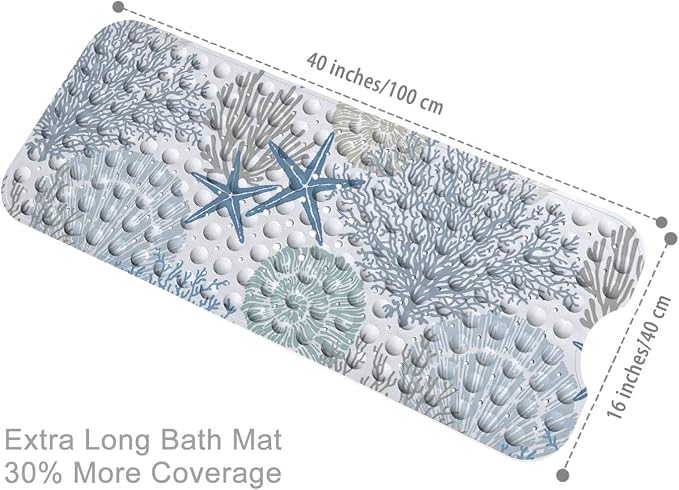 Bathtub Mat Non Slip, 40x16 inch Bath and Shower Safety Mats, Blue Nautical Coastal Starfish Tub Mat for Bathroom, Tub Shower Mat with Drain Holes and Suction Cups