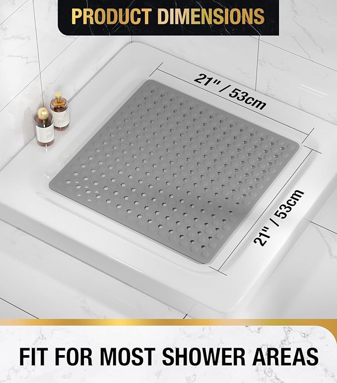 HITSLAM Shower Mat Anti Slip, Square Bath Mat for Tub Non Slip with Suction Cups and Drain Holes, 21x21 Inch Bathroom Shower Stall Floor Mat, Machine Washable, Soft on Feet, Grey