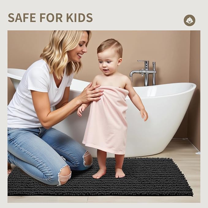 Bathroom Rugs Non Slip Washable 55x24, Extra Thick Soft Chenille Absorbent Bath Mat, High Density Barrier Non Slip Backing, Quick Dry Plush Shaggy Floor Carpet for Tub&Shower, Darkgrey