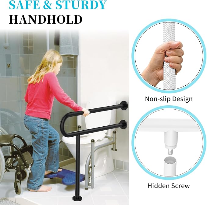 Toilet Support Rail 32 Inch, Munzong Anti-Slip Black Handicap Grab Bar for Bathroom, Stainless Steel Knurled Safety handrails with Leg for Elderly Disabled Pregnant-1.25’Tube