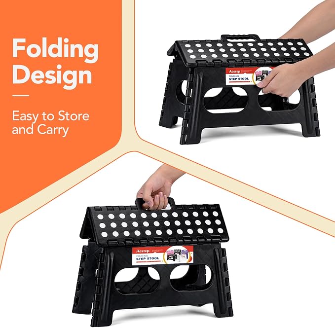 ACSTEP Folding Step Stool,15-Inch Extra Wide 9 Inch Height Heavy Duty Stepping Stool Safer and More Comfortable Non Slip Foldable Step Stool for Kids and Adults Black