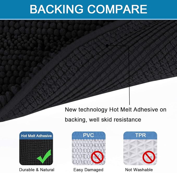 H.VERSAILTEX Bath Mats for Bathroom Non Slip Extra Thick Chenille Striped Bath Rug 24" x 36" Absorbent Non Skid Fluffy Soft Shaggy Rugs Washable Dry Fast Plush Mats for Indoor, Bath Room, Tub - Black