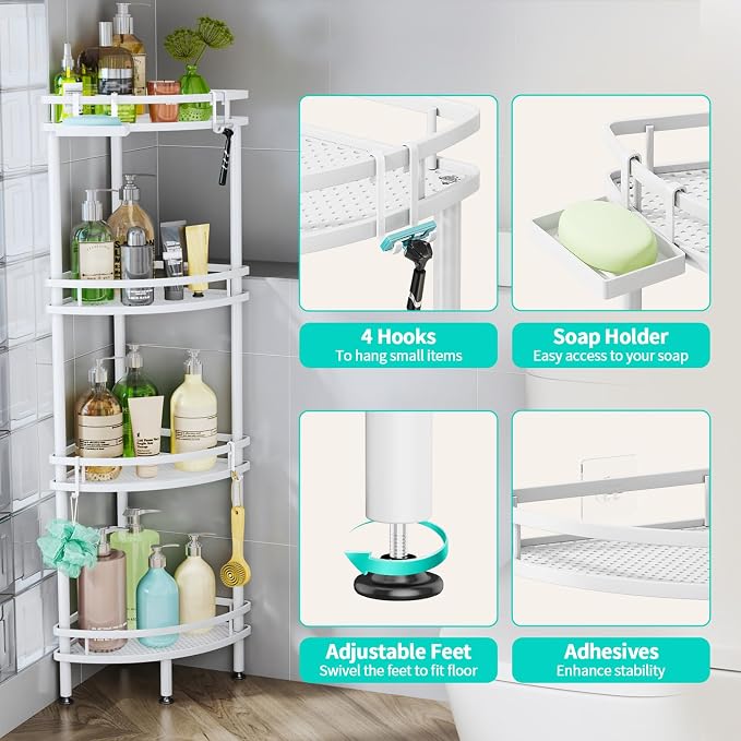 HapiRm Standing Corner Shower Caddy - 4 Tier Shower Organizer Corner with Soap Holder and 4 Hooks, Rustproof Bathroom Storage Shelves with Adhesives, White