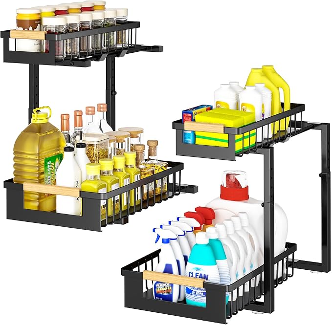 Under Sink Organizers and Storage, 2 Pack L-Shaped Pull Out Cabinet Organizer, 2 Tier Sliding Storage Rack with Adjustable Height, Metal Under Sink Shelf for Kitchen, Bathroom, Pantry, Black