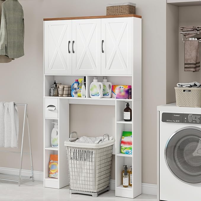 Over The Toilet Storage Cabinet,Farmhouse Toilet Cabinet Rack with 3 Barn Doors,Space Saving Bathroom Organizer with Shelves,Toilet Paper Holder & Towel Rack for Bathroom,Restroom,Laundry,Unique White