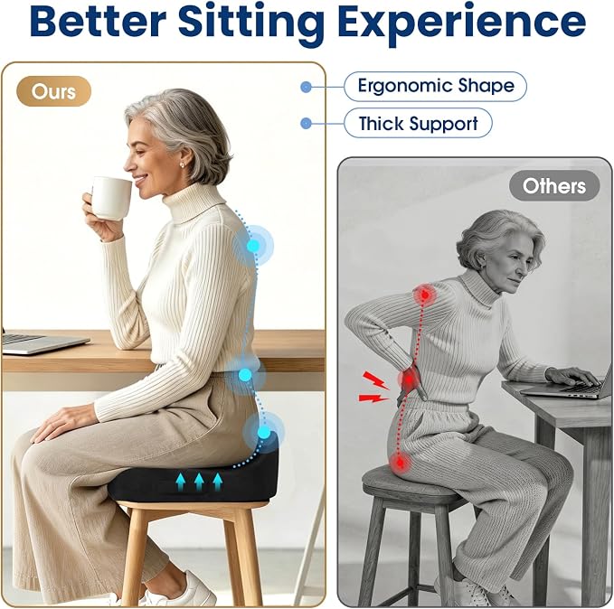 Ergonomic Seat Cushion for Office Chair, Memory Foam Coccyx Cushion for Tailbone Pain Relief, Non-Slip Washable Cover, Pressure Relief Chair Pad for Office, Car, Wheelchair & Home Black