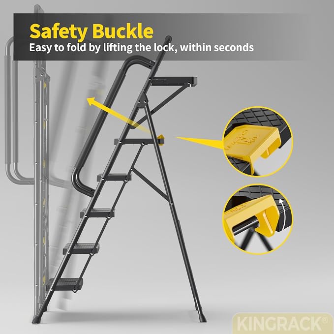 KINGRACK 5 Step Ladder, Sturdy Steel Step Stool with Anti-Slip Wide Pedals, Handrail, Safe-Lock Design, 800lbs Folding Portable Ladder for Multi-Purpose, Home, Kitchen