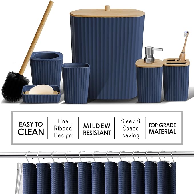 Clara Clark Bathroom Accessories Set - Bathroom Set, Bathroom Sets with Shower Curtain and Rugs, Shower Curtain Set with Bathroom Trash Can - Ombre Navy - 22PC