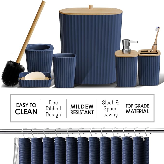 Clara Clark Bathroom Accessories Set - 27PC Bathroom Set with Adhesive Corner Shower Caddy Hanging, Bathroom Sets with Shower Curtain and Rugs, Navy Blue Shower Curtain Set with Bathroom Trash Can