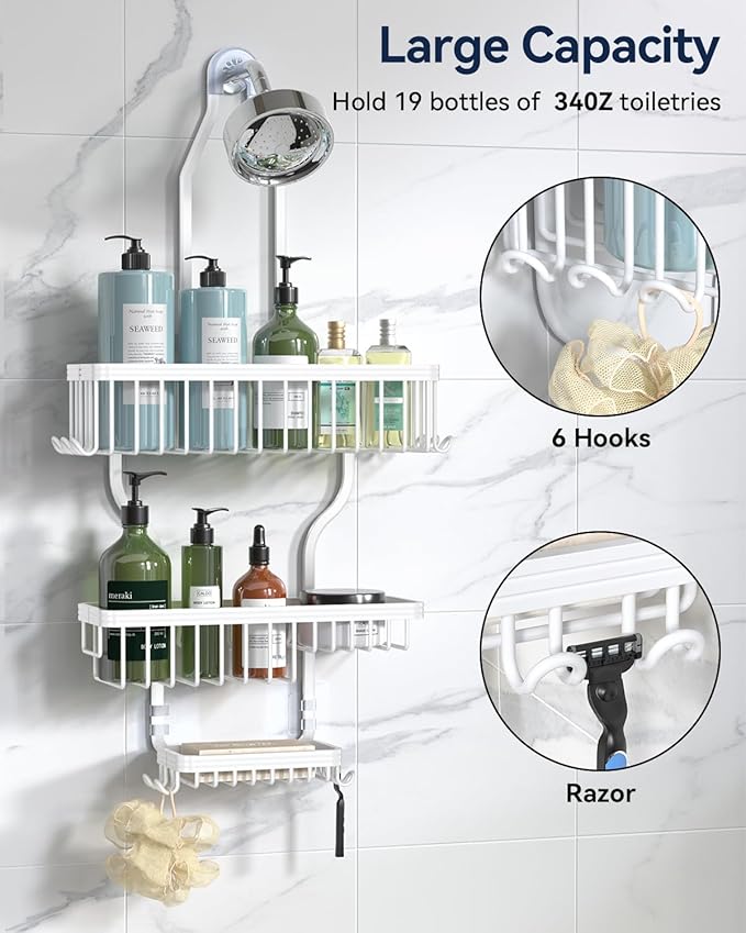 YASONIC Never Rust Shower Caddy Hanging, Aluminum Shower Racks for Inside Shower, 3-Tier Shower Organizer Hanging Over Shower Head with Hooks and Soap Holder, White