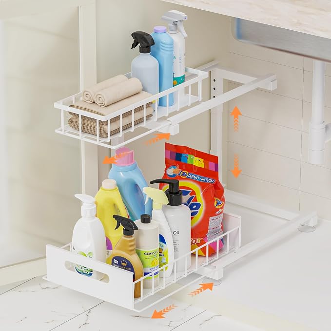 Under Sink Organizer, Heavy Duty Metal Pull Out Cabinet Organizer Slide Out Sink Shelf Organizer Height Adjustable, Multi-Purpose Storage Shelf for Kitchen Bathroom(White,1Pack)