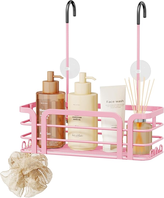 SWTYMIKI Shower Caddy Hanging Organizer - Over the Door Shower Caddy with 6 Hooks, 2 Installation Ways, Stainless Steel Rustproof Bathroom Organizer, Pink Small