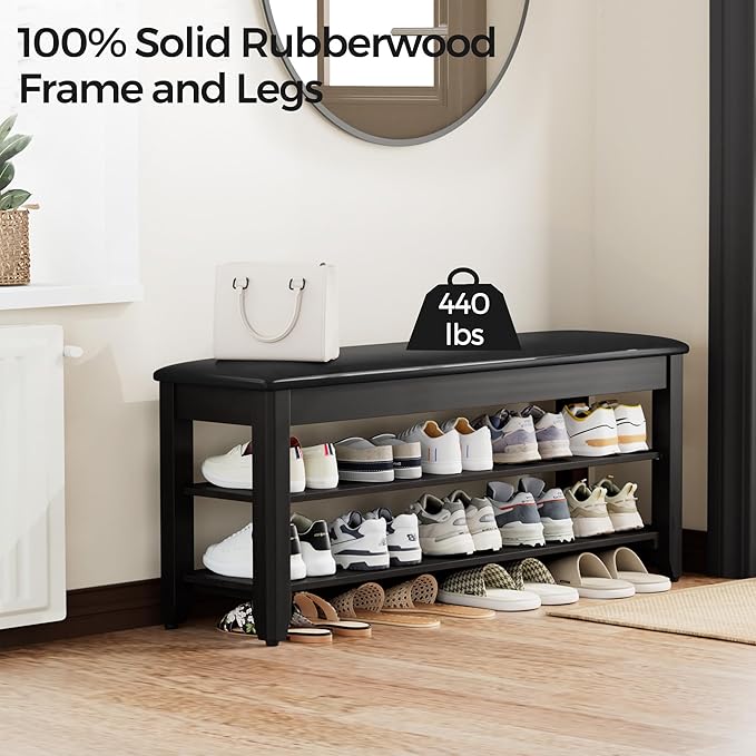 Homleke Shoe Rack Bench with Flip-Top Storage, Solid Wood Entryway Bench with Cushion, Adjustable Shelf, for Hallway, Mudroom, Closet – Black, 39.4"