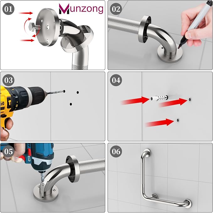 16 Inch Angled Bathroom Grab Bars with 20 Inch Straight Munzong Brushed Nickel Toilet Handicap Grab Rail for Showers,Anti Slip Stainless Steel Knurled Safety Handle Support Elderly Injury Senior