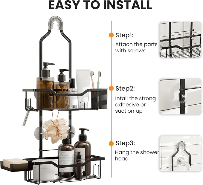 Shower Caddy Hanging 2-Tier Shower Organizer for Tall Showerhead,Rustproof Over Shower Head Rack,No Drill Bathroom Shower Caddy with Soap Dish,Toothbrush Holder and Hooks, Black