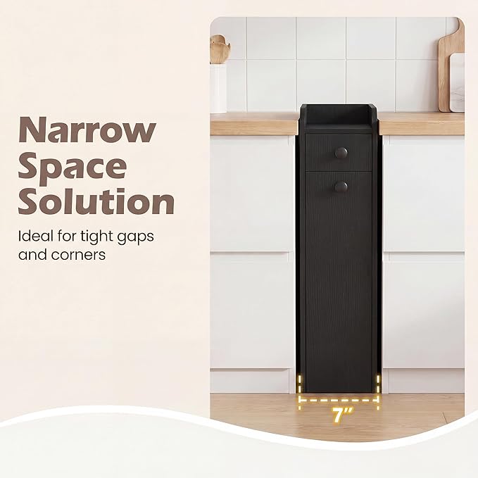COSTWAY Slim Bathroom Cabinet, 7" Wide Space-Saving Storage with 2-Tier Slide-Out Drawer, Shelf & Toilet Paper Holder, Freestanding Narrow Organizer for Bathroom, Laundry & Small Spaces (Black)
