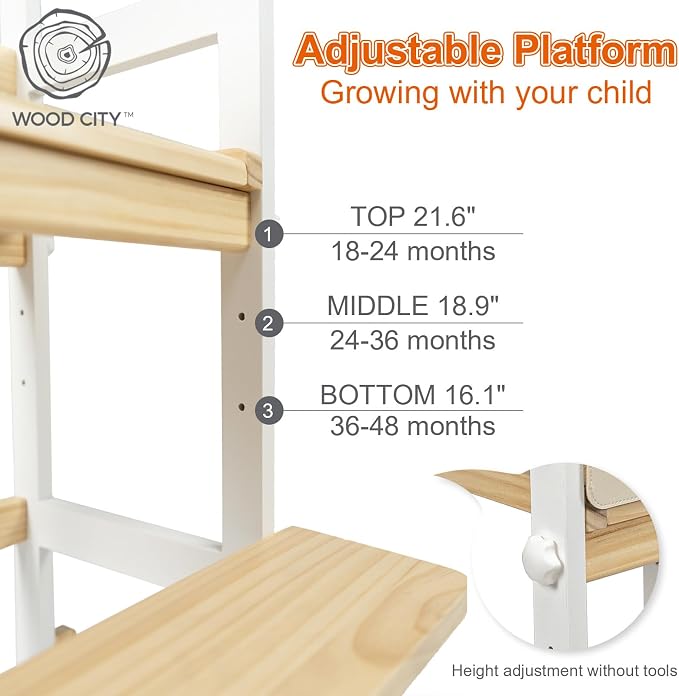 Kitchen Step Stool for Toddlers with Non-Slip Mat, WOOD CITY Wooden Kids Montessori Learning Stool Tower, Toddler Standing Tower Helper for Kitchen Counter and Bathroom Sink(White-Natural-Adjustable)