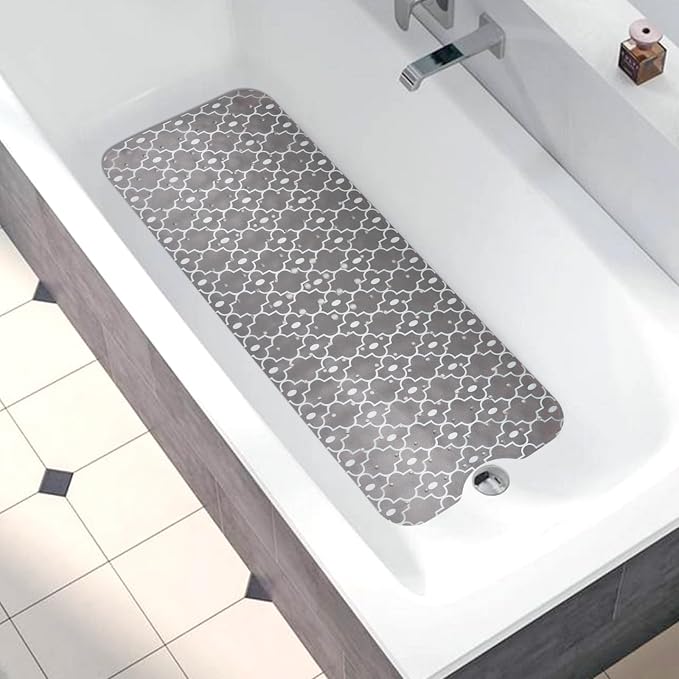 Bathtub Mat Non Slip, Grey Extra Long Bath tub Mat Shower Floor Mat with Suction Cups and Drain Holes for Adults Kids Elderly 40 X 16 Inch