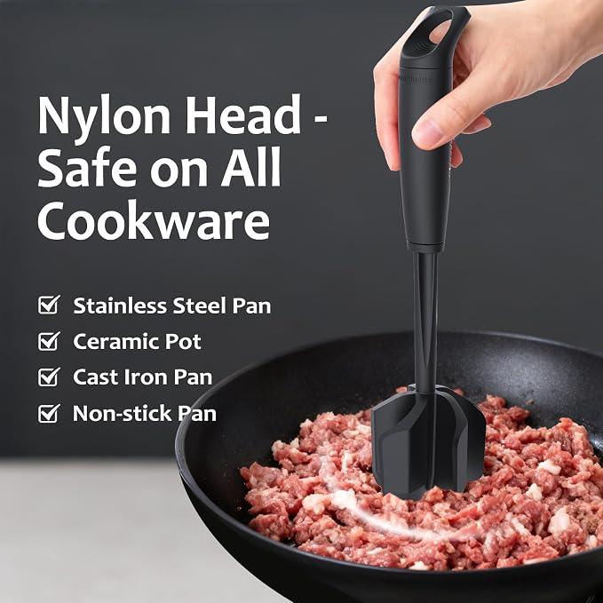 Ourokhome Meat Chopper and Potato Masher, Heat Resistant Nylon Ground Beef Smasher for Hamburger, 5 Curved Blades Nonstick Mixer & Stirrer, Practical Kitchen Gadgets, Black