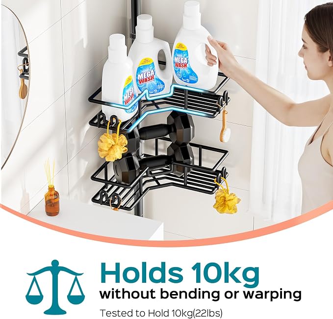 HAMITOR Shower Caddy Tension Pole: 4-Tier Adjustable Corner Bathroom Organizer - Heavy Duty Rustproof L-Shaped Shelves- No Drilling Space-Saving Storage Rack for Family & Renters- 47-123 inch Black