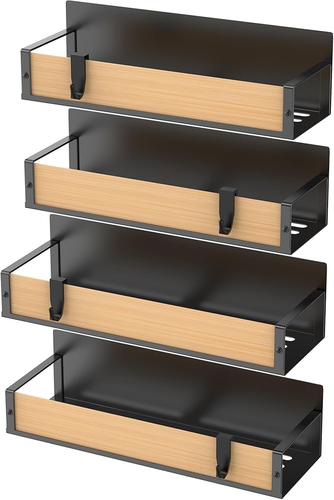 HuggieGems 4 Pack Magnetic Spice Storage Rack Organizer for Refrigerator and Oven, Wood Fridge Organizers and Storage