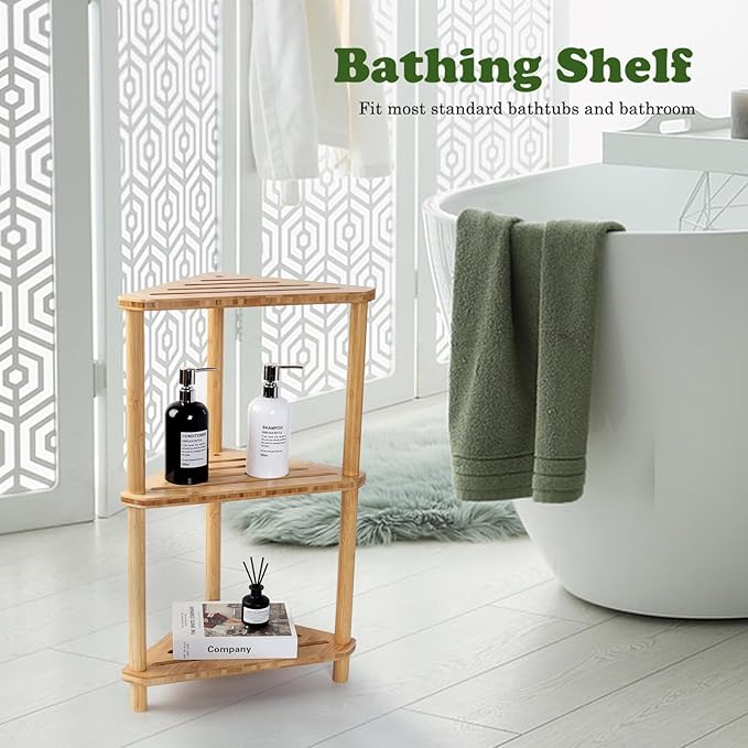 Bamboo Corner Shower Caddy Stand 3-Tier Waterproof,Free Standing Bathroom Corner Shelf Shower Stool Organizer for Inside Shower,Space-Saving Storage Shower Shelves with Anti-Slip Feet