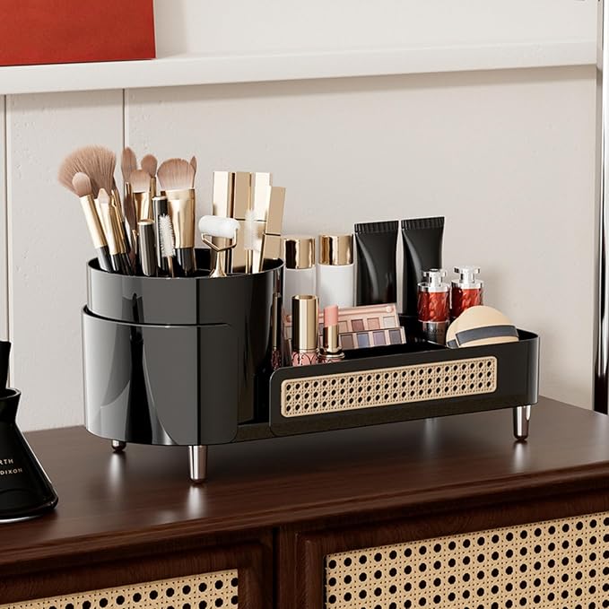 Booklov Rotating Makeup Caddy Organizer for Vanity, Large Capacity Cosmetic Display Case, Countertop Beauty Storage Holder for Skincare, Brush Eyeliner Lipstick, Counter Table Organization, Black