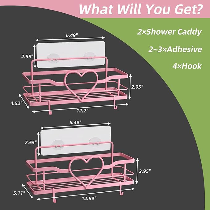 Pink Shower Caddy with 4 Removable Hooks, 2 Pack Sweet Heart Shower Shelves,No Drilling Adhesive Organizer Shelf for Bathroom Shower,Kitchen,Bedroom