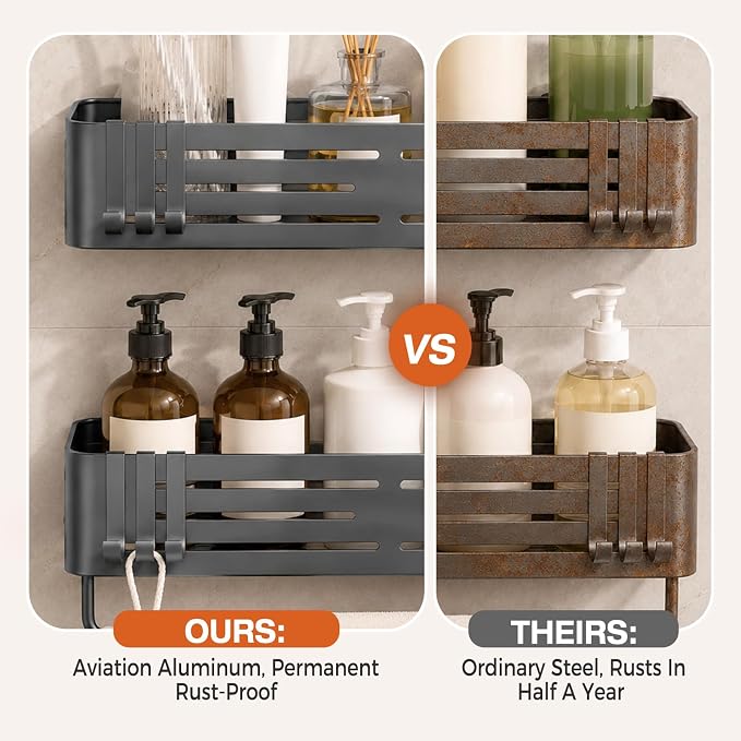 Lekesky Suction Cup Shower Caddy, No Drill Shower Shelves with a Towel Bar, Aluminum Rust Proof Bathroom Shower Organizer with 12 Hooks (2-Pack, Gunmetal Gray)