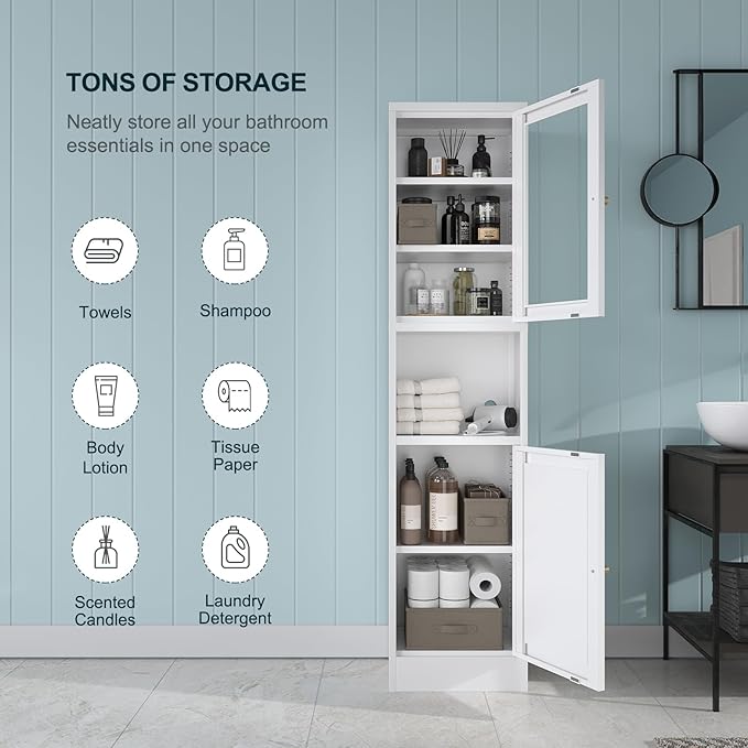 Bevivog Tall Bathroom Storage Cabinets, Slim Metal Cabinet with Open Shelf, Glass Display Door Freestanding Narrow Storage Organizers for Small Spaces, White Skinny Cabinets for Pantry, Living Room