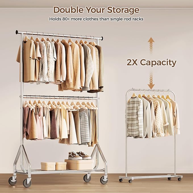 HYSEYY Heavy Duty Clothes Rack, Double Rod Clothing Rack for Hanging Clothes, Rolling Garment Rack, Adjustable Freestanding Wardrobe Closet Coat Rack for Bedroom Laundry Living Room, Silver