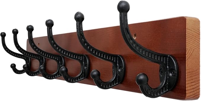 WEBI Rustic Coat Rack Wall Mount,24" Long 6 Cast Iron Coat Hooks Wall Mounted,Heavy Duty Wood Wall Coat Hanger Hooks for Hanging Coats,Jacket,Clothes,Backpack,Farmhouse,Cherry