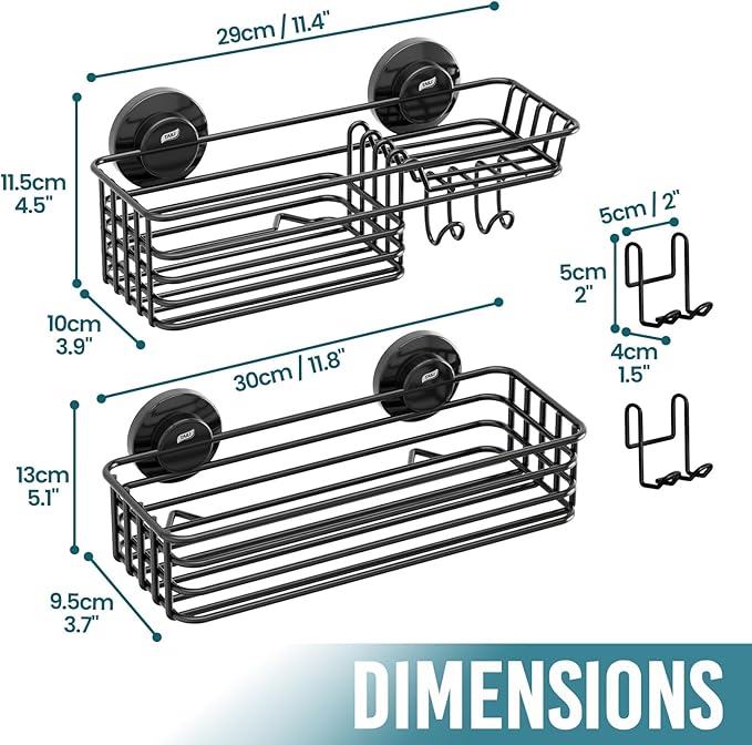 TAILI Shower Caddy Suction Cup 2 Pack with Hooks & Soap holder, Heavy Duty Shower Organizer for Bathroom, No Drilling Bathroom Organizer with Large Capacity, Black Metal Storage Basket