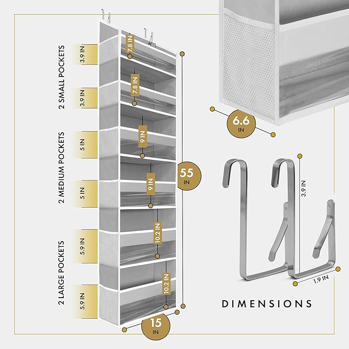 HOMELUX THEORY UPGRADED 6 Tiers Over The Door Organizer Hanging - 100D EXTRA THICK & 50lbs HUGE CAPACITY, 12 Side Mesh Pockets Over The Door Shoe Organizer, Hanging Closet Organizer (Transparent, 1pc)