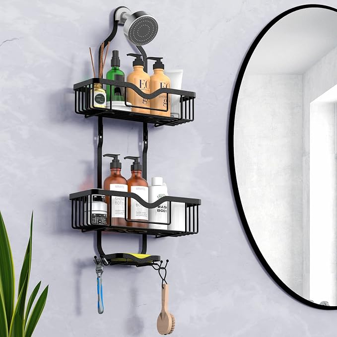 Shower Caddy Hanging, Bathroom Organizer Rack, Shower Rack with Soap Dish, Over The Showerhead Caddy with Hooks for Razor/Sponge, Matte Black (Assembly Required)