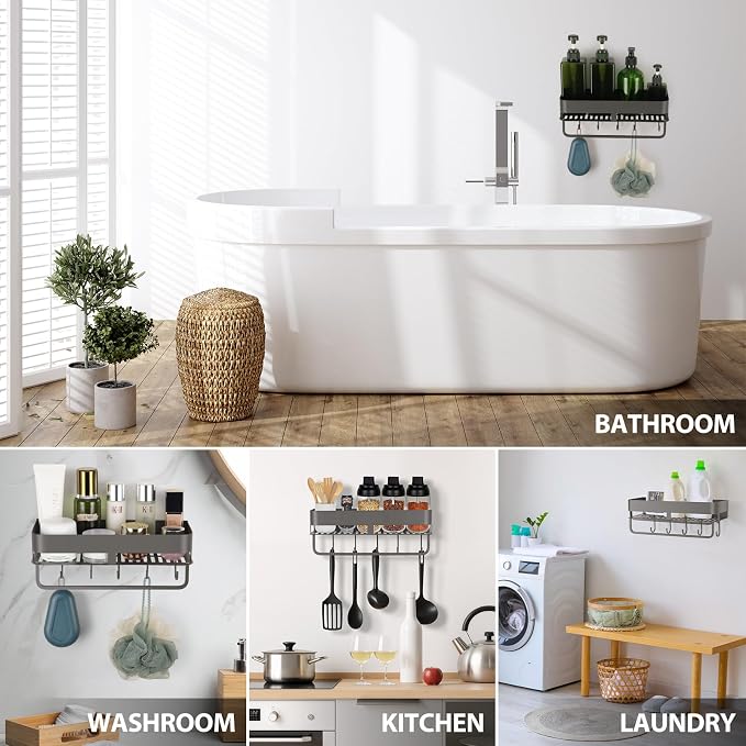 Extended version Adhesive Shower Caddy, 15.7 inch Stainless Steel Shower Shelves for Inside Shower with Hooks & Towel Bar-No Drilling(Gun Gray)