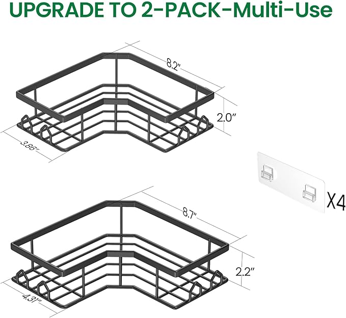 Adhesive Shower Caddy, 2 Pack Corner Bath Organizer, Rustproof Stainless Steel Shower Shelves with Large Capacity, No Drilling Shelves for Bathroom Storage, Home, Kitchen Décor