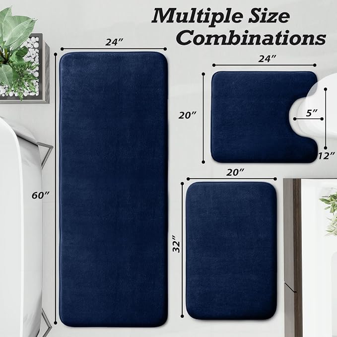 HUXMEYSON Bathroom Rugs Sets 3 Piece, Non-Slip & Quick Dry Bath Mat Set, Ultra Soft Velvet Bath Rugs for Bathroom, Toilet and Shower Floor, Navy