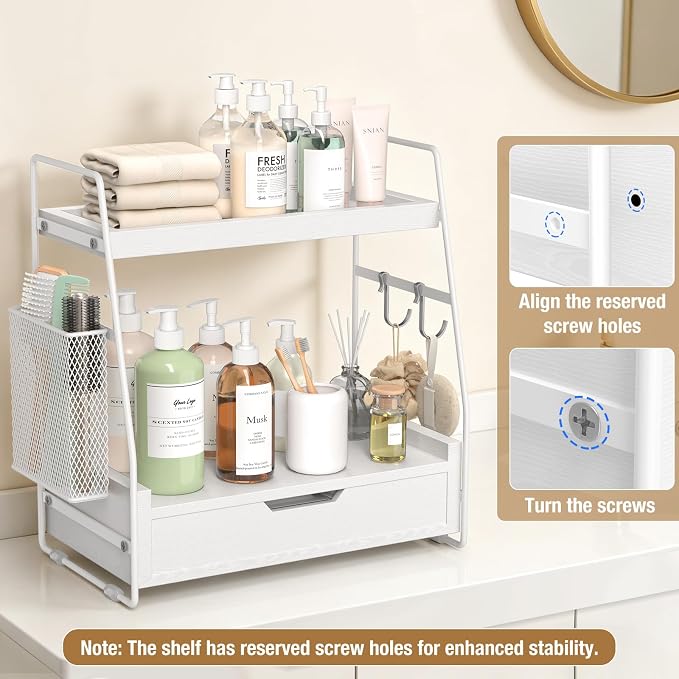 2-Tier Bathroom Counter Organizer with Drawer and Removable Basket, Wood Vanity Countertop Storage for Perfume, Makeup, Skincare, Bathroom Counter Shelf, 13" x 7.9" x 14.5", White