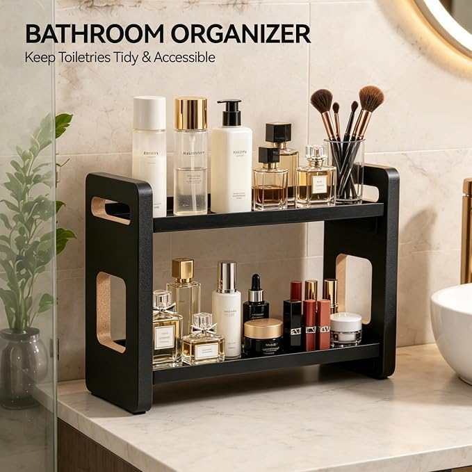2-Tier Black Bathroom Countertop Organizers and Storage, Vanity Bathroom Sink Organizer Shelf for Skin Care Makeup Cologne and Perfume, Kitchen Countertop Spice Rack Organizer