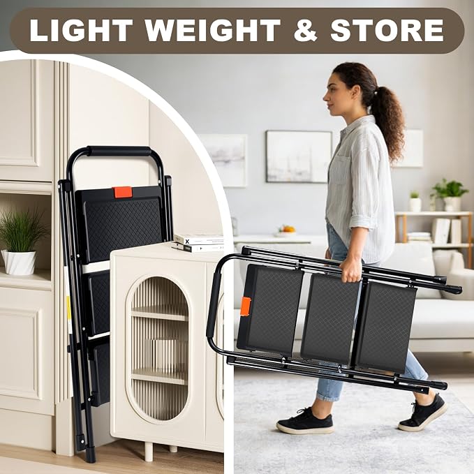 Valeo 3 Step Ladder, 3 Step Ladder for Adults with with Safe-Lock Design, Wide Anti-Slip Pedal, 500lbs Sturdy Steel Ladder, Step Stool Foldable with Cushioned Handle,Black