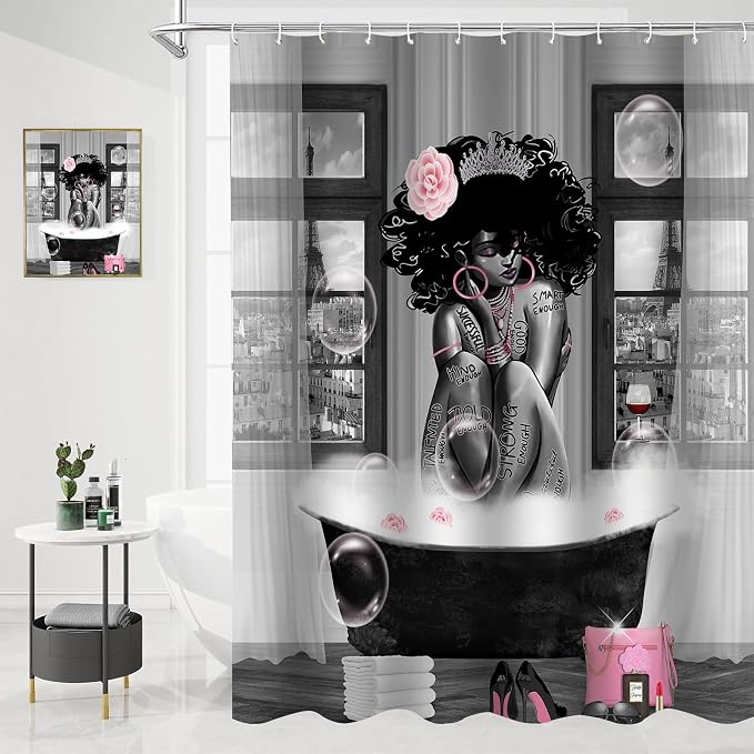 5Pcs Black Girl Shower Curtain Set with Decorative Painting, African American Wall Painting Bathroom Sets with Shower Curtain and Rugs, Trendy Women’s Bathroom Pictures for Wall Art Decor